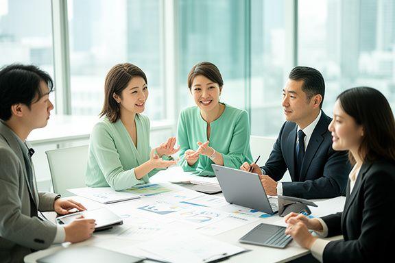 東京のオフィスで戦略的な打ち合わせを行うビジネスプロフェッショナル、モダンな会議室、自然光、クリーンな雰囲気